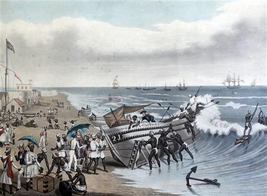 Charles Hunt after Sir James Buller East Madras, landing and embarking (from the North Beach), publ. by Ackermann 1856 overall 17 x 21.